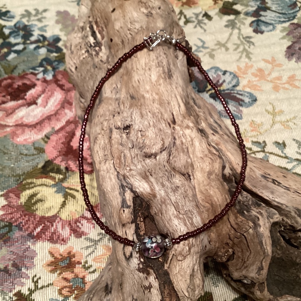 Purple Seed Bead Floral Lampwork Bead Choker Necklace